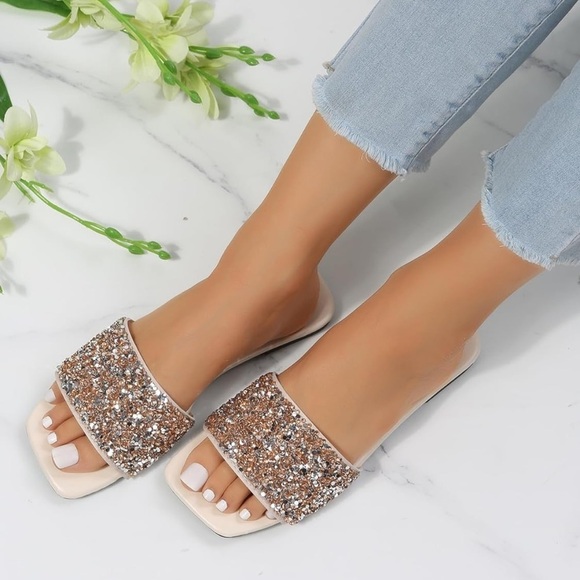 NWB Rhinestone Sandals Glitter Sequin Shoes Square Toe Slide Flat Sandals Sz 7 - Picture 1 of 8